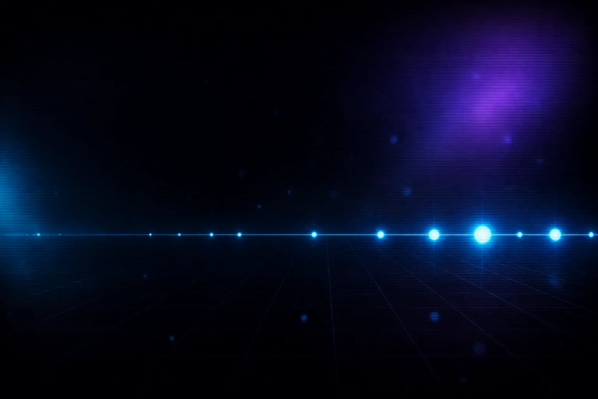 Original abstract artwork: a line of light stretching across a dark field, with glowing nodes of different sizes marking points along it above a receding grid